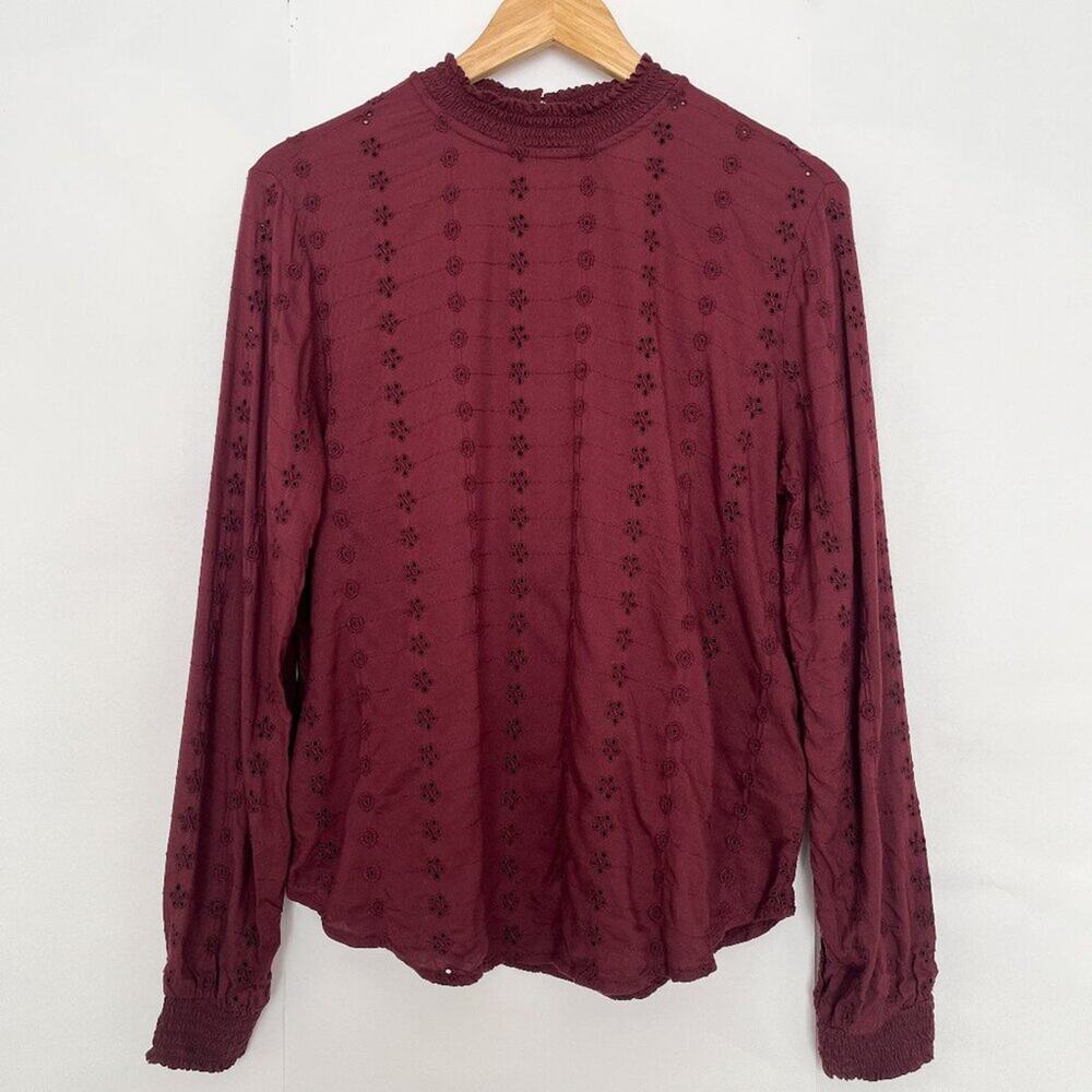 H&M Eyelet Embroidered Blouse Long Sleeve Top Smocked Detail Romantic Size 8 Red